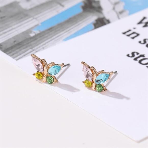Butterfly Gemstone Stud Earrings Gold Fashion Jewelry Colorful Pink Blue Green - Picture 3 of 6